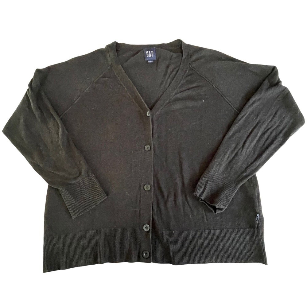GAP Black V Neck Button Front Cardigan Sweater Womens XL Lightweight Linen Blend